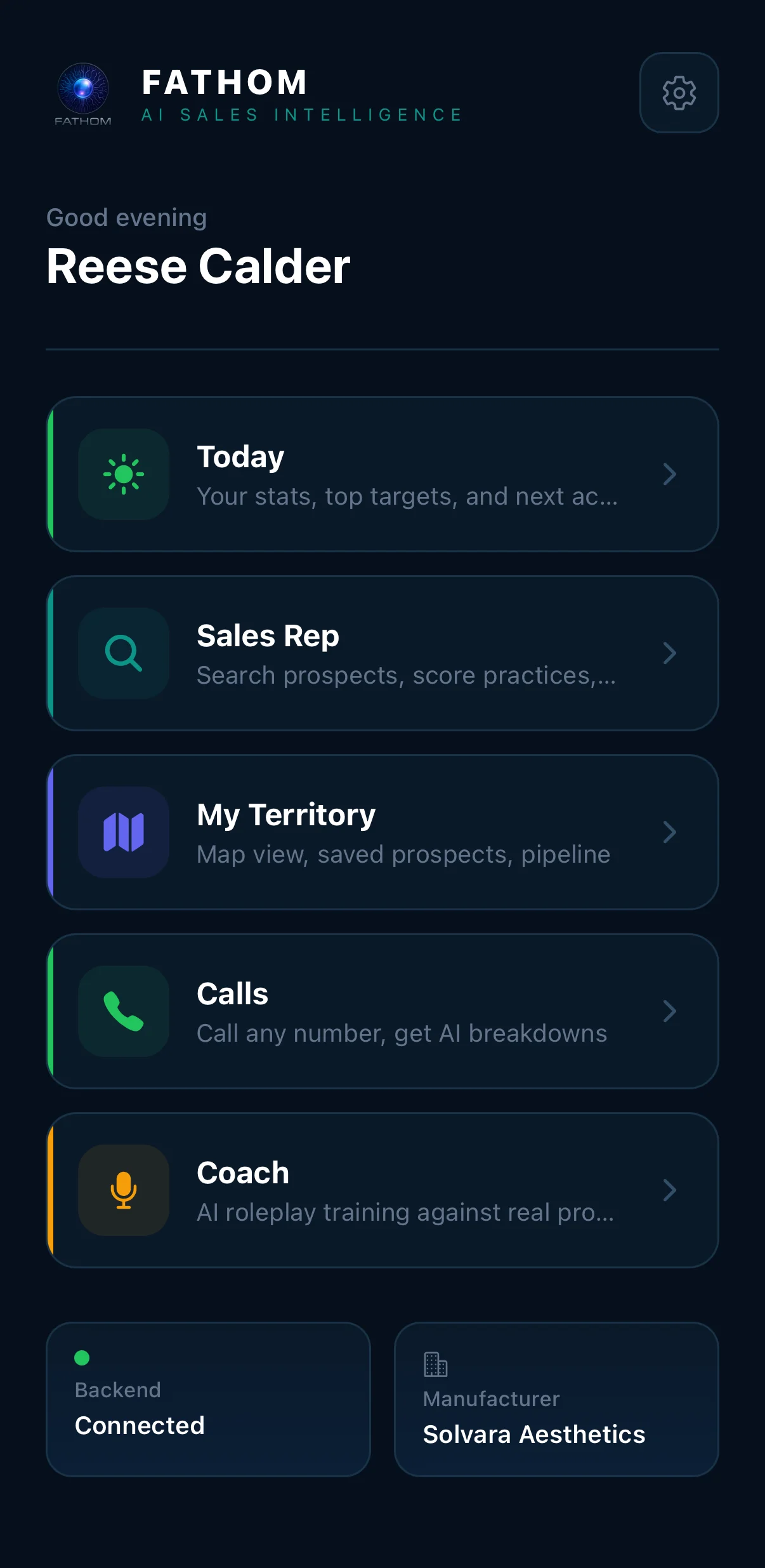 The Fathom field app home screen — Today, Sales Rep, My Territory, Calls, and Coach in one place