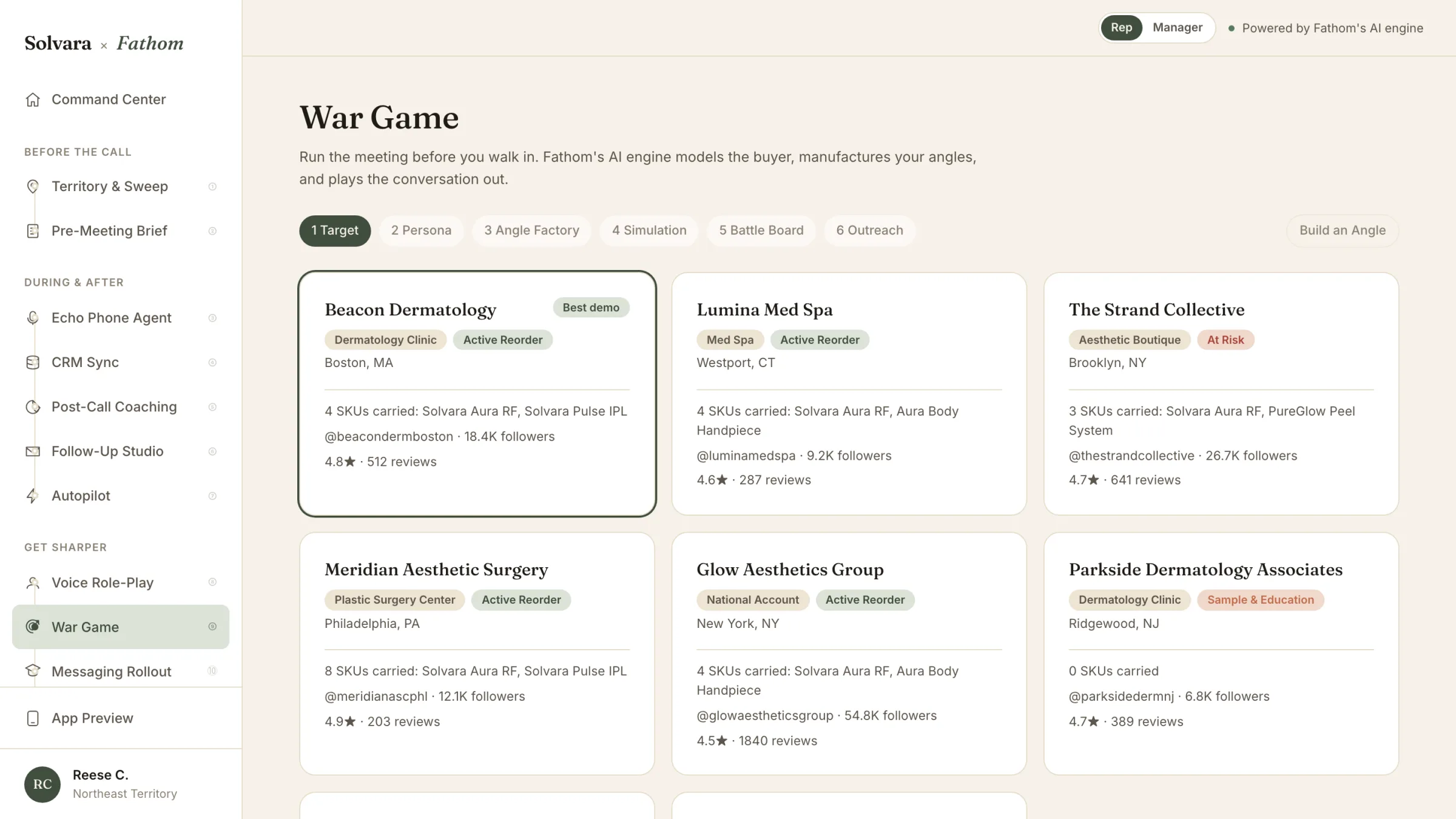 Fathom account intelligence — each practice showing the SKUs it already carries, social reach, review velocity, and reorder posture